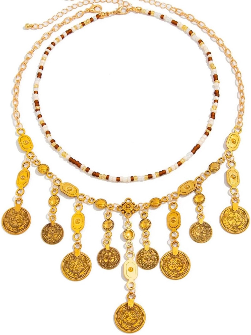 Anthropologie Gold Coin Fringe Necklace with Brown & Cream Beads - Picture 6 of 9
